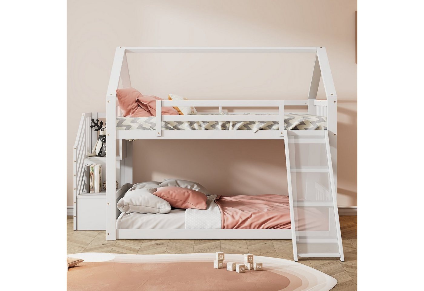 Celya Etagenbett Kinderbett mit Stauraumtreppe und Rutsche, 140x200cm von Celya