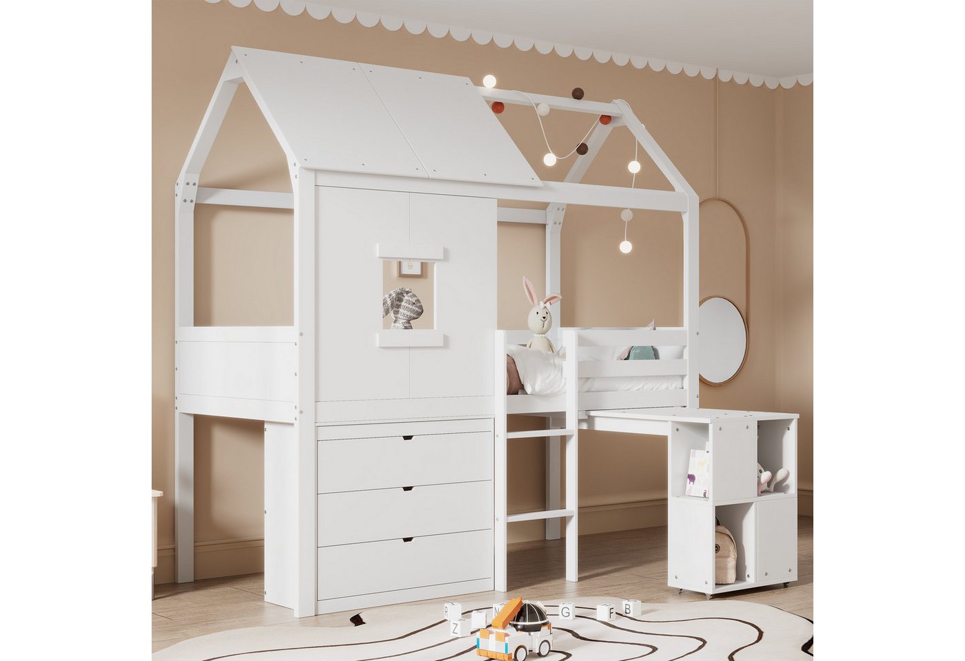 Celya Kinderbett 90 x 200cm Hausform Hochbett, mit ausziehbarer Tisch und drei Schubladen von Celya