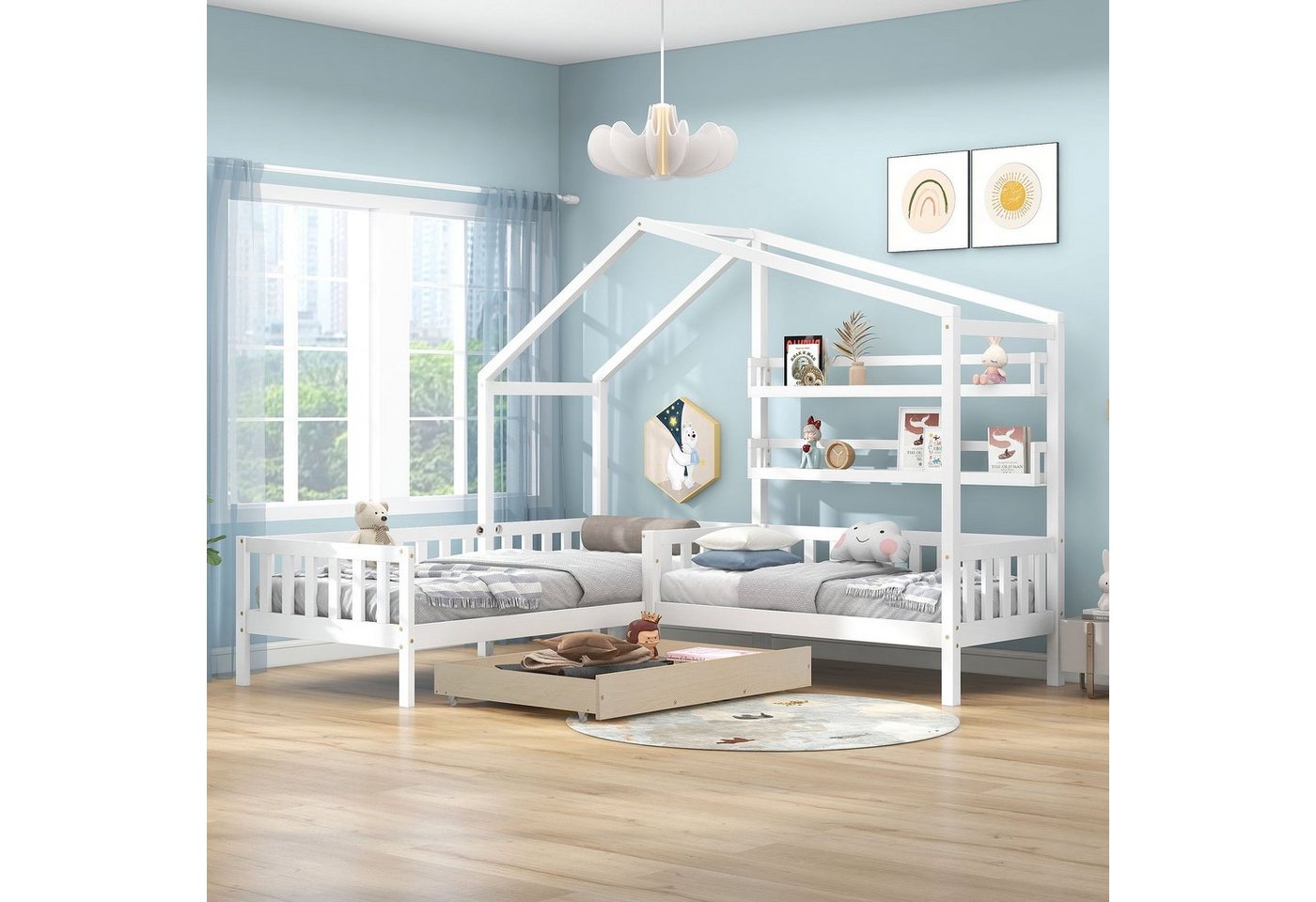 Celya Kinderbett Hausbett mit Schubladen und Regalen, 90x200cm und 70x140cm, Kinder Bett mit Zaun und Lattenrost, L-Struktur von Celya