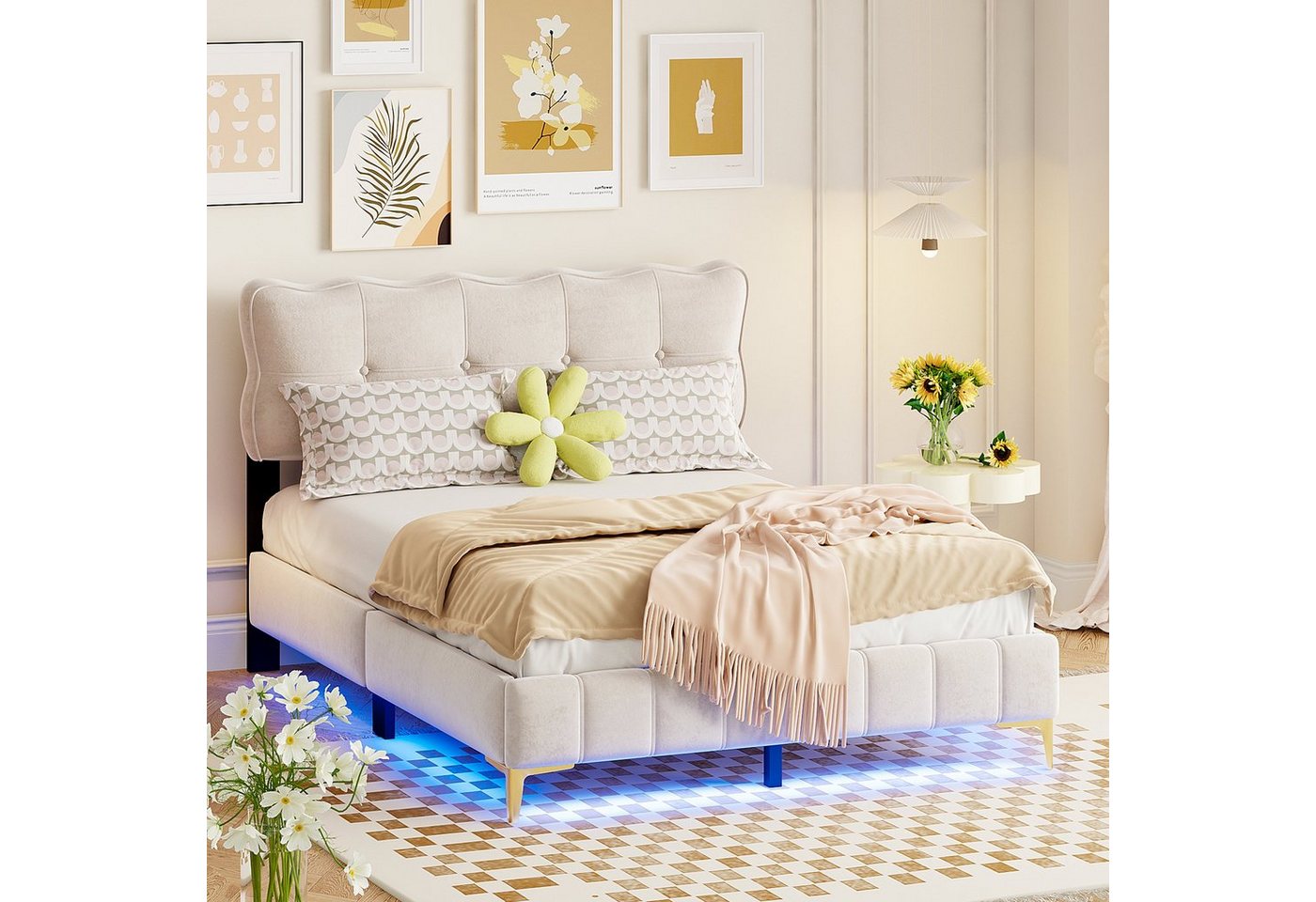 Celya Polsterbett Jugendbett, Doppelbett mit LED-Leuchten, Samtstoff, 140 x 200 cm von Celya