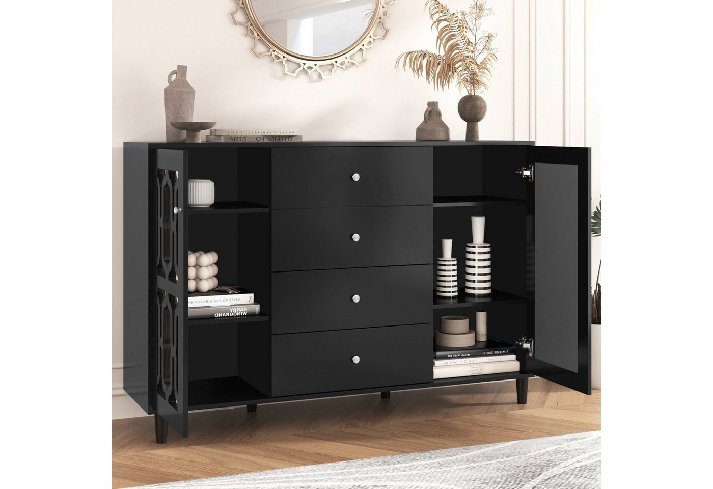 Celya Sideboard Kommode Sideboard mit vier Türen,wohnzimmer Lowboard 160cm, Türblatt aus Glas eingelegt, 120 L x 37 B x 80H(cm), 4 Schubladen von Celya