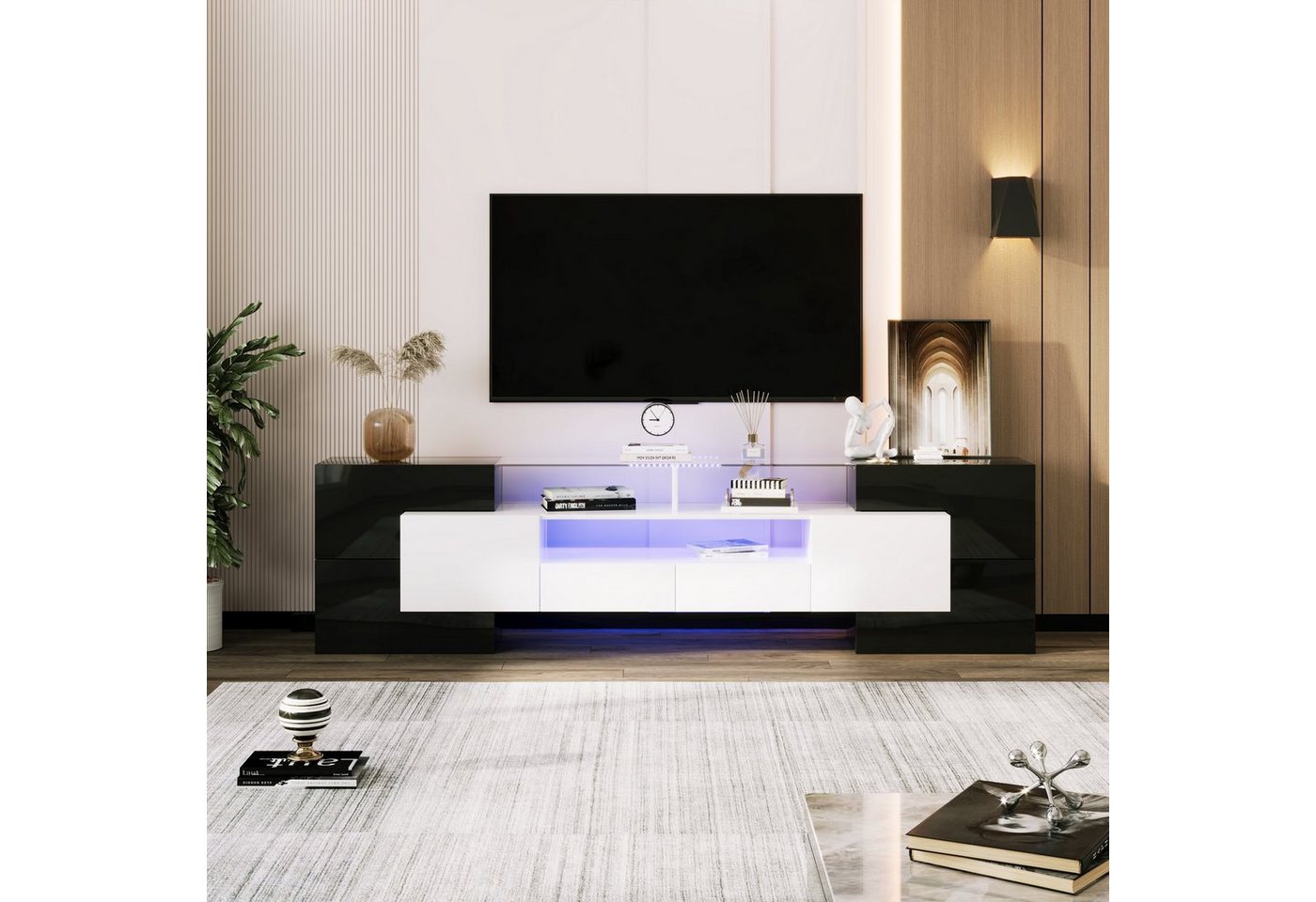 Celya TV-Schrank Stilvoller TV-Schrank,LED-Beleuchtung Wohnzimmermöbel Hochglanz-Weiß und Schwarz, Elegante Glasoberfläche von Celya