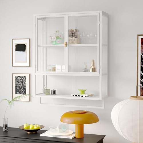 Retro Welle Glastür Wandschrank mit abnehmbaren Regalen, passend für Büros, Esszimmer, Wohnzimmer, Küchen und Badezimmer (weiß) von Celya