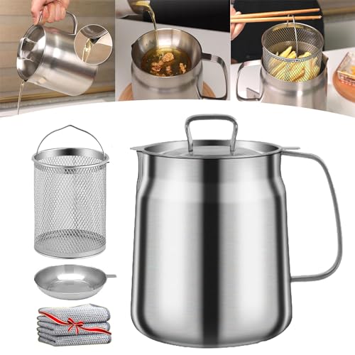 Stainless Steel Large Capacity Oil Fryer and Filter Cup Combo, Wongfey Oil Pot, 304 Stainless Steel Oil Filter Pot, Large Capacity Versatile Frying and Oil Filter Vessel with Strainer (1.5L) von Cemssitu
