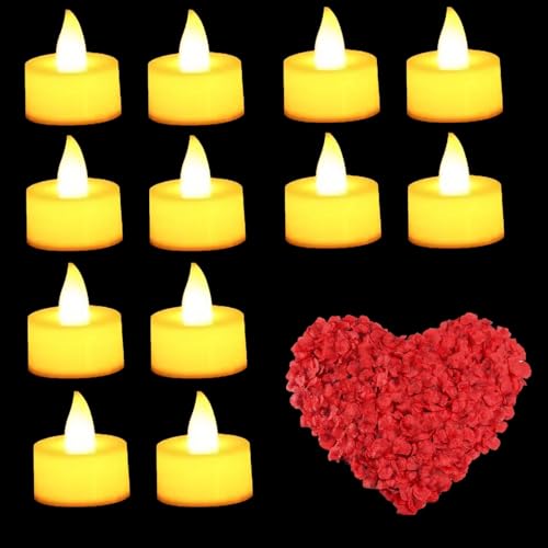 LED Liebeskerzen, LED-Kerzen, Teelichter, Herzform, 12 Stück LED-Kerzen mit 200 künstlichen Rosenblättern – für eine romantische Nacht, Valentinstag, Hochzeitstag von Cerioll