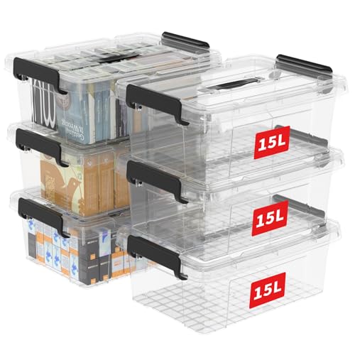 Cetomo,15L,6er-Pack, Aufbewahrungsbox mit deckel,Aufbewahrungsboxen, mit Clips, stapelbar, Wohnzimmer, Schlafzimmer.lebensmittelecht,Verschlussclips,Neumaterial Plastik-Box transparent schwarz von Cetomo