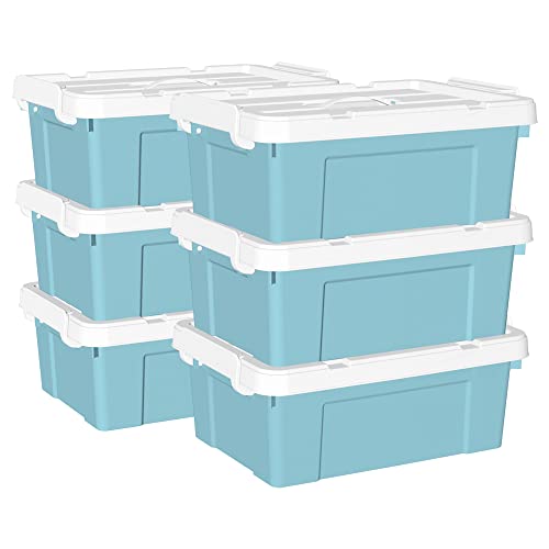 Cetomo 15 l x 6 Kunststoff-Aufbewahrungsbox, Tragetasche, Organisationsbehälter mit robustem Deckel und sicheren Verriegelungsschnallen, stapelbar und stapelbar, 6 Stück, blau mit Schnalle von Cetomo
