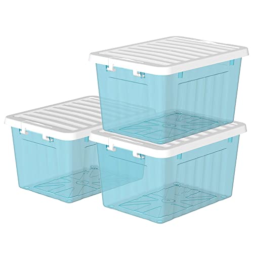 Cetomo 15L*3 Kunststoff-Aufbewahrungsbox Transparent Blau Box mit haltbarem Deckel und Sicherheitsverschluss stapelbar und verschachtelbar 3-Packs mit Verschluss von Cetomo