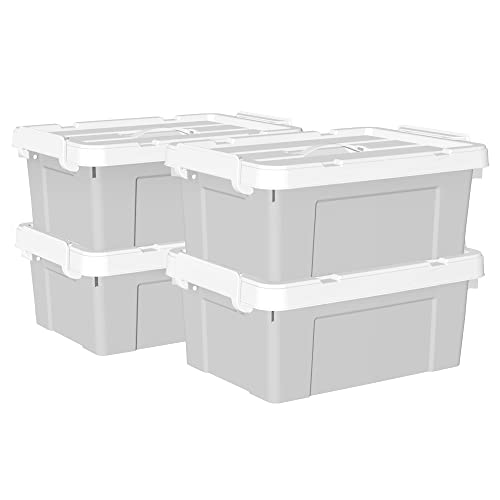Cetomo 20 l x 4 Kunststoff-Aufbewahrungsbox, Tragetasche, Organisationsbehälter mit robustem Deckel und sicheren Verriegelungsschnallen, stapelbar und stapelbar, 4 Stück, grau mit Schnalle von Cetomo