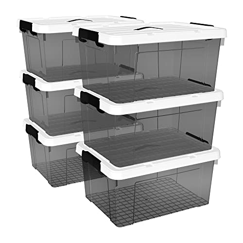 Cetomo 20L*6 Plastic Storage box, Tote box,Organizing Container with Durable Lid and Secure Latching Buckles, Stackable and Nestable, 6Pack, transparent black with Black Buckle von Cetomo