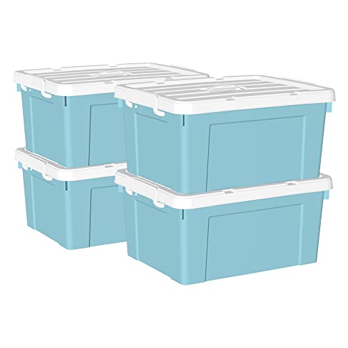 Cetomo 35 l x 4 Kunststoff-Aufbewahrungsbox, Tragetasche, Organisationsbehälter mit robustem Deckel und sicheren Verriegelungsschnallen, stapelbar und stapelbar, 4 Stück, blau mit Schnalle von Cetomo