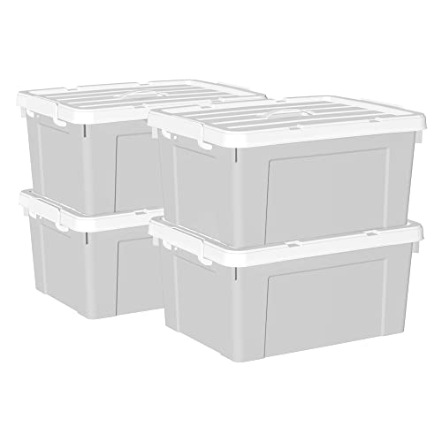 Cetomo 35 l x 4 Kunststoff-Aufbewahrungsbox, Tragetasche, Organisationsbehälter mit robustem Deckel und sicheren Verriegelungsschnallen, stapelbar und stapelbar, 4 Stück, grau mit Schnalle von Cetomo