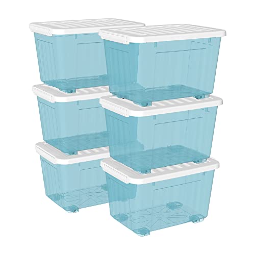 Cetomo 35 l x 6 Kunststoff-Aufbewahrungsbox, transparentblau, Tragetasche, Organisationsbehälter mit robustem Deckel und sicheren Verriegelungsschnallen, stapelbar und stapelbar, 6 Stück, mit Schnalle von Cetomo