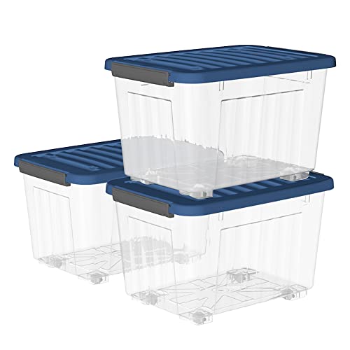Cetomo 35L*3 Kunststoff-Aufbewahrungsbox transparent mit strapazierfähigem blauen Deckel und Sicherheitsverschluss stapelbar und verschachtelt 3-Packs mit Schnallen von Cetomo