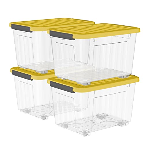 Cetomo 35L*4 Kunststoff-Aufbewahrungsbox Transparent mit langlebigen gelben Deckel und Sicherheitsverschluss stapelbar und verschachtelt 4-Packs mit Verschluss von Cetomo