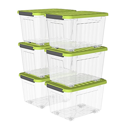 Cetomo 35L*6 Kunststoff-Aufbewahrungsbox Transparent mit langlebigen grünen Deckel und Sicherheitsverschluss stapelbar und verschachtelt 6-Packs mit Schnallen von Cetomo