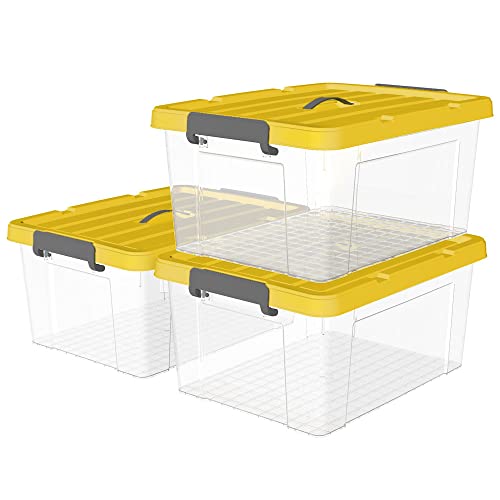 Cetomo 45L*3 Kunststoff-Aufbewahrungsbox Box transparent Behälter mit langlebigen gelben Deckel und Sicherheitsverschluss stapelbar und verschachtelt 3 Packs von Cetomo