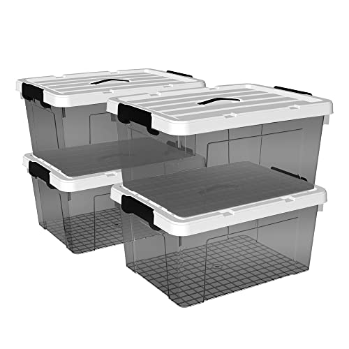 Cetomo 45L*4 Plastic Storage box, Tote box,Organizing Container with Durable Lid and Secure Latching Buckles, Stackable and Nestable, 4Pack, transparent black with Black Buckle von Cetomo