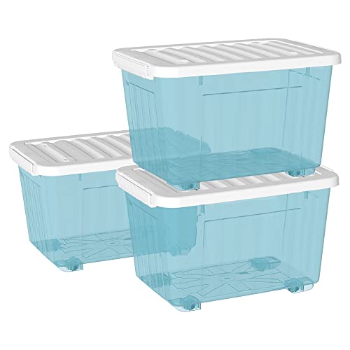Cetomo 55L*3 Kunststoff-Aufbewahrungsbox Transparent Blau Box Behälter mit haltbarem Deckel und Sicherheitsverschluss stapelbar und verschachtelbar 3-Packs mit Verschluss von Cetomo