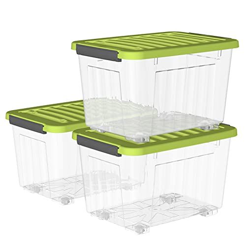 Cetomo 80L*3 Kunststoff-Aufbewahrungsbox Transparent mit langlebigen grünen Deckel und Sicherheitsverschluss stapelbar und verschachtelt 3-Packs mit Schnallen von Cetomo