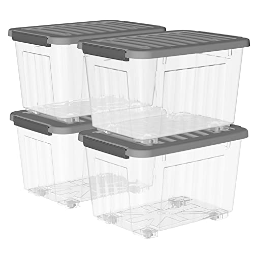 Cetomo 80L*4 Kunststoff-Aufbewahrungsbox Transparent mit haltbarem grauem Deckel und Sicherheitsverschluss stapelbar und verschachtelbar 4-Packs mit Verschluss von Cetomo