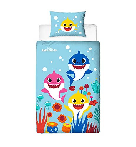 Baby Shark Bettbezug für Einzelbett, offizielles Lizenzprodukt, wendbar, 2-seitiges Regenbogen-Design mit passendem Kissenbezug, Polycotton von Character World