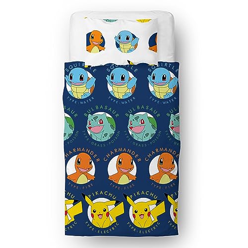 Pokemon Offizielles Lizenzprodukt für Einzelbett, Kinder-Bettwäsche-Set, Pikachu Bulbasaur Charmander Squirtle-Design, wendbar, 2-seitige Bettwäsche mit passendem Kissenbezug, Kinder-Einzelbett-Set von Character World