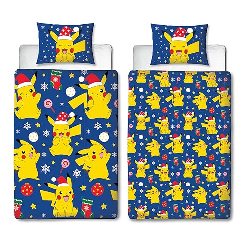 Character World Pokemon Offizielles Bettwäsche-Set für Einzelbett, weihnachtliches Pikachu-Design, wendbar, 2-seitiger Bettbezug, offizielles Merchandise-Produkt, inklusive passendem Kissenbezug, von Character World