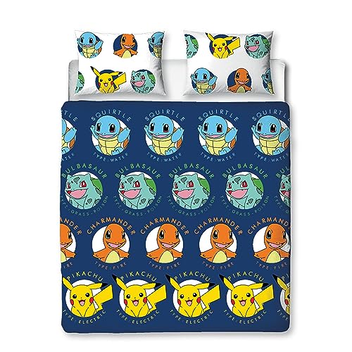 Character World Pokemon Offizielles Doppel-Bettwäsche-Set, Gotta-Design, blau, wendbar, Pikachu, Squirtle Charmander, 2-seitiger Bettbezug, offizielles Merchandise-Produkt, inklusive passender von Character World