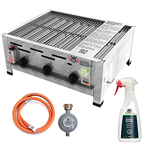 ChattenGlut Professional Gastrobräter 3-flammig Tischgerät 10,8kW Stahlbrenner für Flüssiggas 650x530x270mm mit Rost, Regler Anschlussschlauch und Grillreiniger von ChattenGlut