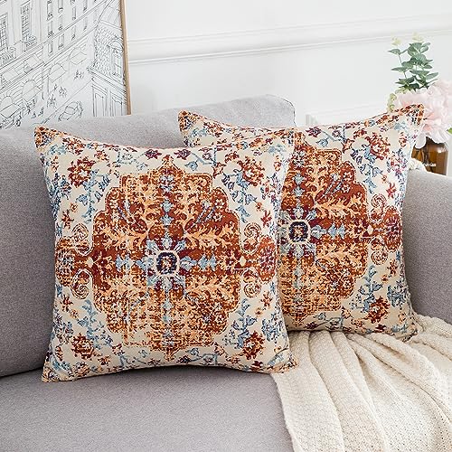 Cheekywares Bohemian Kissenbezug 40 x 40 cm Leinen Sofakissen Kissenhülle Senfgelber Stammes Teppich Rostmuster Heimdekoration Deko Kissen Kissenbezüge für Bett, Sofa, Couch, Wohnzimmer, 2er-Set von Cheekywares