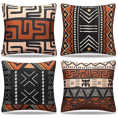 Set mit 4 Kissenbezüge Braun Ethno Boho Abstrakt Kissenhülle 50 x 50 cm Geometrie Dekorative Couchkissen Marokko Vintage Leinen Quadratisch Sofakissen Kissenhülle für Couch Draussen Wohnzimmer von Cheekywares