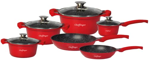 10-Teilig Kochgeschirr-Set Topf Induktion Alu Guss Pfanne Topfset Kochtopfset Marmor Rot von Cheffinger