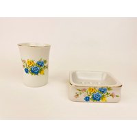 Vintage Badezimmer-Seifenhalter + Wasserbecher-Set - Blumenmotiv/Muster Mit Goldrand Oben Hergestellt in Japan von ChenuzAtelier