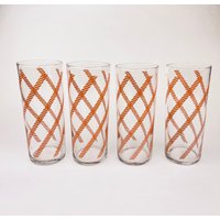 Vintage Hohe Wassergläser - Set Mit Vier | 4 Klarem Glas + Rosa "Ketten'-Muster von ChenuzAtelier