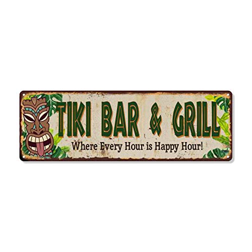 Tiki Bar & Grill Schild Hütte Dekor Schilder Bars Grill Dekorationen Hawaii Zubehör Terrasse Strand Surfboard Wandkunst Plaque Vintage Blechgeschenk 8 x 24 Matte Finish Metall 108240091034 von Chico Creek Signs