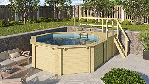 CHILLROI® Achteck Massiv Holzpool 358 x 358 x 124 cm Modell 1B | Set inkl. Sonnenterrasse 94,5 x 166 cm, Zubehör und Pool Leitern von Chillroi