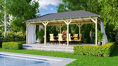 CHILLROI® Rechteckiger Holzpavillon mit Verlängerung 289 x 639 cm | Gartenpavillon | Terrassenüberdachung von Chillroi