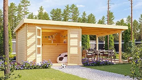 Chillroi® Karibu Gartenhaus San Antonio mit Anbaudach beidseitig anbringbar und Fußboden im Set Holzhaus Geräteschuppen Gartenlaube (Natur) von Chillroi