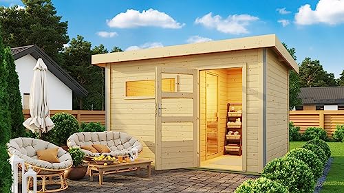 Chillroi® Karibu Saunahaus Helmi Gartensauna Outdoor Dampfkabine naturbelassen/terragrau optional mit Saunaofen (Naturbelassen ohne Ofen) von Chillroi