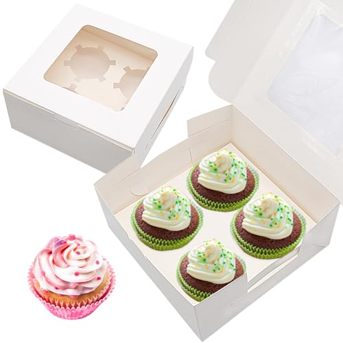 Cisolen 15 Stück Cupcake Boxen mit Sichtfenster Kraftpapier Kuchenschachteln 4 Löcher Cupcake Muffin Box Karton Kuchenkartons für Kekse Macarons Torten von Cisolen