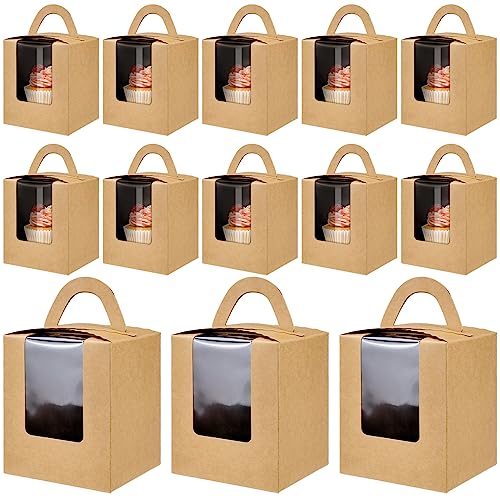 Cisolen 20 Stück Geschenkboxen Cupcake Box mit Griff Muffin Box mit Fenster Tortenkartons Kraftpapier Kuchenboxen Tragbare Cupcake Karton mit PVC Sichtfenster Für Geburtstag Party Hochzeit von Cisolen