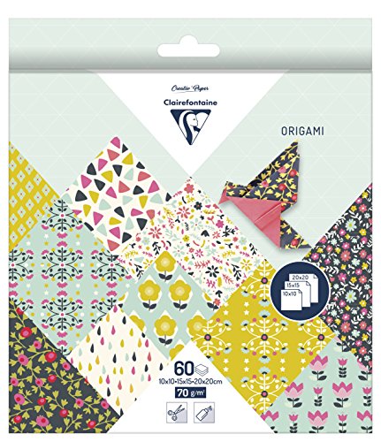 Clairefontaine 95344C - Pack mit 60 Blatt Origamipapier, mit 3 Formaten, 10 x 10cm, 15 x 15cm, 20 x 20cm, 70g, 1 Pack, Blumen von Clairefontaine