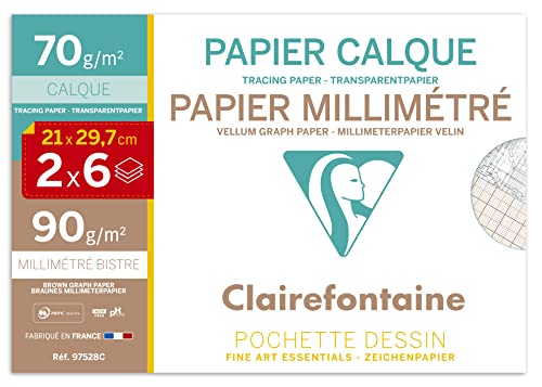 Clairefontaine 97528C Mappe (6 Bögen Millimeterpapier und 6 Bögen Transparentpapier, ideal für technische Zeichnen, 12 Bögen, DIN a4, 21 x 29,7 cm, 70 g) von Clairefontaine