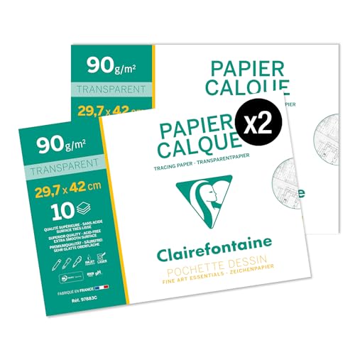 Clairefontaine 97883AMZC – 2 Hüllen für Schulzeichnungen – 10 Blatt Transparentpapier – A3 29,7 x 42 cm 90/95 g – Ideal für technische Zeichnungen von Clairefontaine