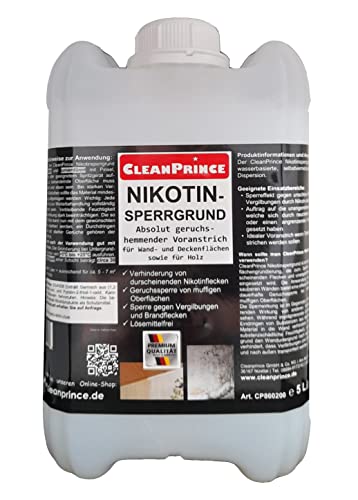 CleanPrince Nikotin-Sperrgrund 5 Liter | Voranstrich Sperrgrundierung Lösemittelfrei Geruchssperre Sperrgrund für Wand- und Decken sowie Holz | keine Farbe von CleanPrince