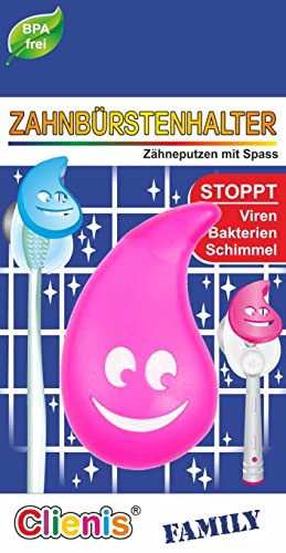 Clienis Family Zahnbürstenhalter mit mikrobiotischer Wirkung mit Saugknopf für Fliesen (Pink) von Clever-Deko