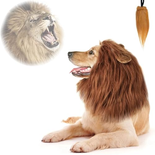 Löwenmähne für Hunde, Schwarze Löwenmähne für Hunde, Hundelöwenmähnekostüm mit Ohren, lustige realistische Löwenmähne für Hunde, verstellbare Löwenperücke für Hunde mit Schwanz (Schwarz Braun) von Clgorm