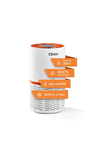 Climia CLR 250 Luftreiniger – 99,9% Filterleistung, mit Hepa Luftfilter und Aktivkohlefilter, 3-in-1 True-HEPA Raumluftfilter mit Wifi-Modul und App bis 30 m2 (Weiß/Orange) von Climia