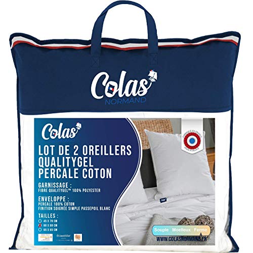 Colas Normand QualityGel Perkal-Kissen, 100% Baumwolle, fest, 60 x 60 cm, zervikale Unterstützung, Memory Sensation, Hotelqualität, weich, französisch hergestellt, weiß von COLAS NORMAND